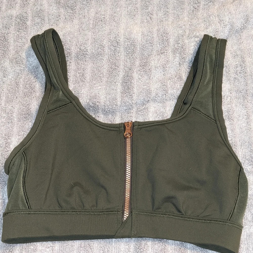 Aerie Green Gold Zipper Sports Bra Mesh Women's Size Small Yoga Active Gym - Picture 5 of 6